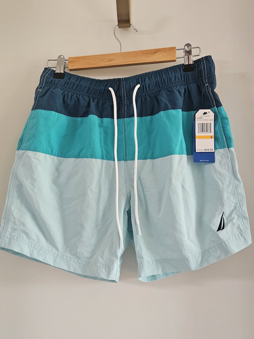 Nautica Men’s Teal, Navy & Light Blue Colorblock Swim Trunks